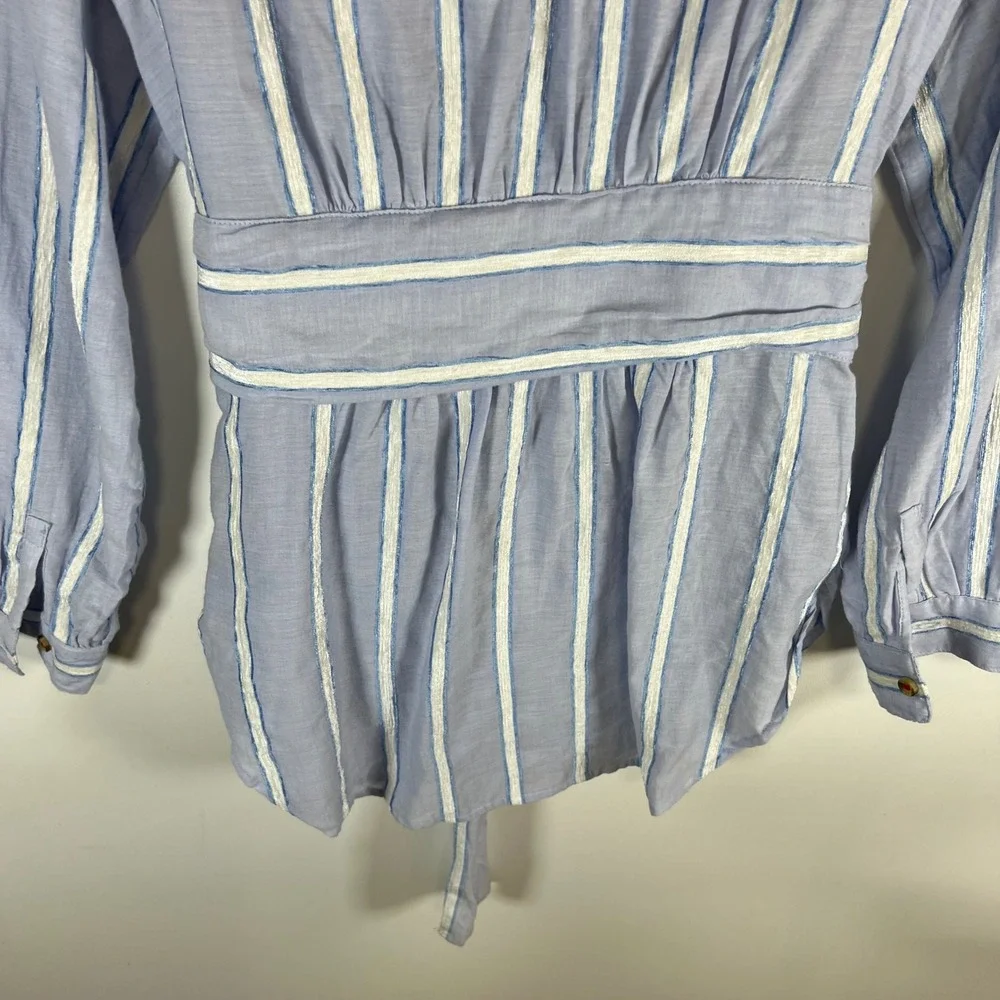 Anthropologie Building Blue White Striped Tie Waist Button Down Blouse‎ Top Sz 8